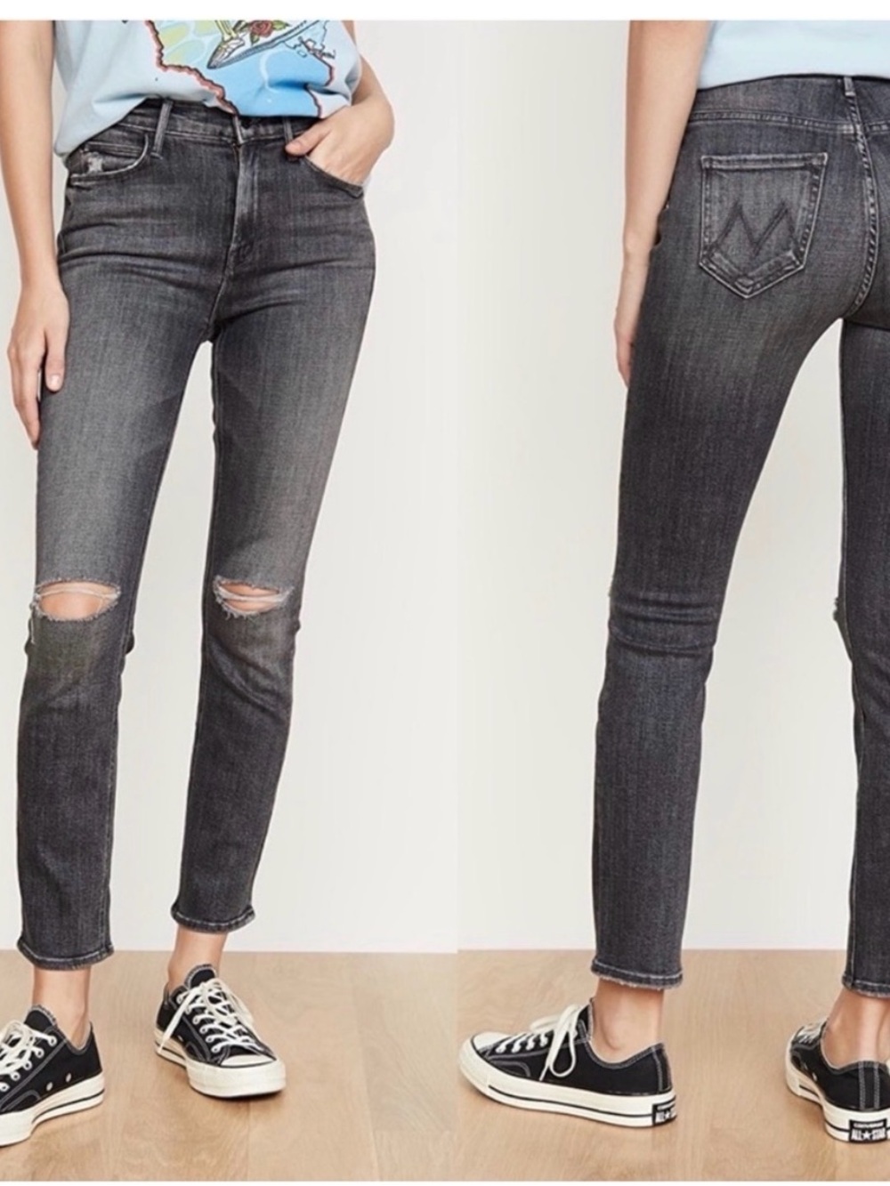 Mother The Mid Rise Dazzler Ankle Black Distressed Jeans Open Later Womens 25